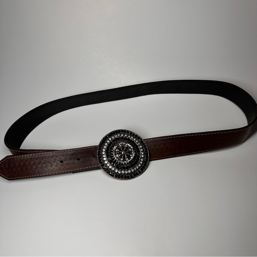 Western Belt Rhinestone Brass Medallion Leather Size L/XL 35"-40" Boho Festival - Picture 5 of 11